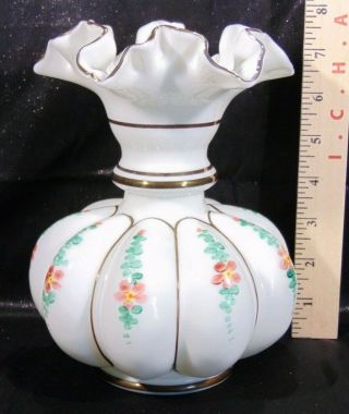 Vintage Fenton Hand Painted Flowers White Glass Melon Vase Gold Trim Ruffled Top