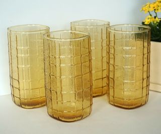 Set Of 4 Anchor Hocking Amber Glasses,  Square Shape With Block Pattern