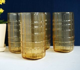 Set of 4 Anchor Hocking Amber glasses,  square shape with block pattern 3
