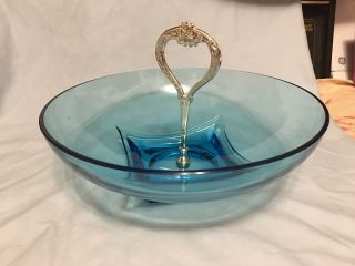Vintage Hazel Atlas Glass Capri Azure Blue Colony Oval Handled Bowl 8 " X 5 1/8 "