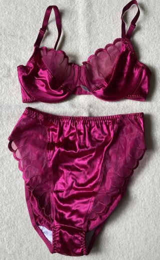 Vintage Olga Rare Fuschia Semi Sheer Satin Bra & Hi - Cut Panties Set 36c / L