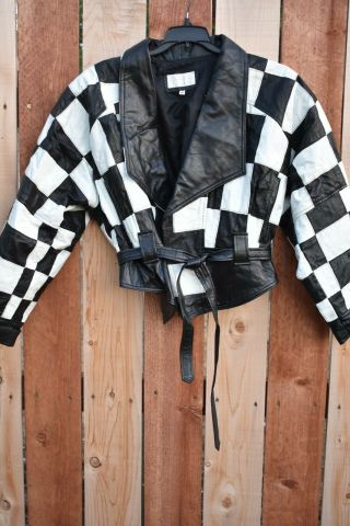 Vintage Cache Black & White Checkered Crop Leather Jacket Size M
