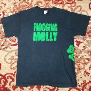 Flogging Molly 2004 Green Spray Paint Shamrock Faded Black T - Shirt L