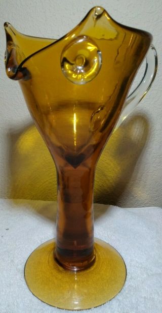 Vtg Modern Art Glass Hand Blown Gold Honeycomb Owl Pitcher 10 " Tall Heavy Vase