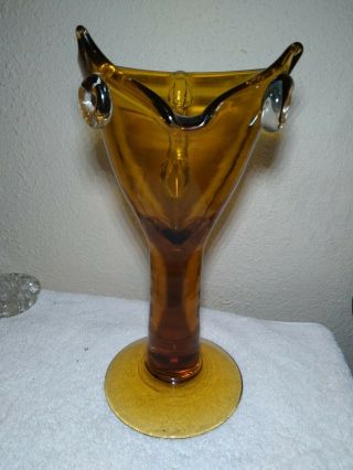 Vtg Modern Art Glass Hand Blown Gold Honeycomb Owl Pitcher 10 