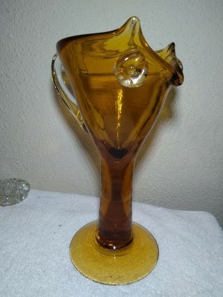 Vtg Modern Art Glass Hand Blown Gold Honeycomb Owl Pitcher 10 