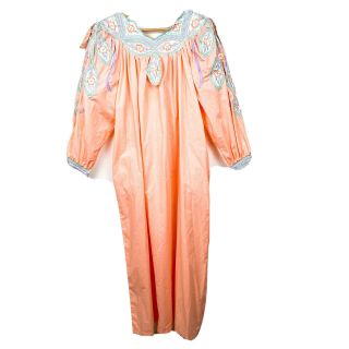 Vintage 80s Pink Embroidered Floral Leaf Kaftan Puff Sleeve Muumuu Tunic Dress
