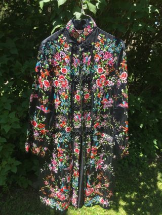 Vintage Plum Blossoms Chinese Embroidered Silk Robe Coat Floral W/ Birds Size 38