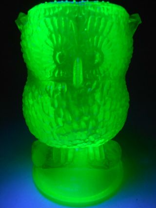 Green Vaseline Glass Owl Bird Toothpick / Toothbrush Q - Tip Holder Uranium Snowy