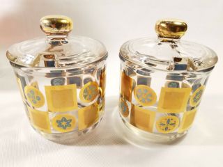 Mid Century Jeanette Glass Condiment Jars Gold Gilt And Aqua