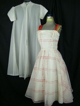 Mitzi Morgan Vtg 50s Red White Plaids Full Party Dress & Sheer Coat - Bust 31/2xs