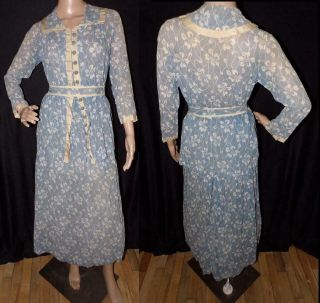 Antique Vtg Edwardian Teens Sheer Blue Floral 2 Pc Set Dress Skirt Tunic Blouse