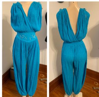 Vtg 70s 80s Gauze Greece Harem Pants Cotton Grecian Goddess Jumpsuit Romper Blue
