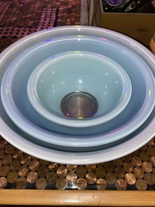 Vintage Pyrex Moody Blues Clear Bottom Glass Nesting Mixing Bowls 322 325 326