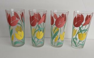 4 Vintage Mid Century Tulips Drinking Glasses Flowers Yellow Pink Aqua 6 " Tall
