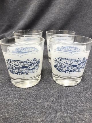 Set Of 4 Currier And Ives Old Fashioned Glasses Blue Frosted Transfer 3 1/4”tall