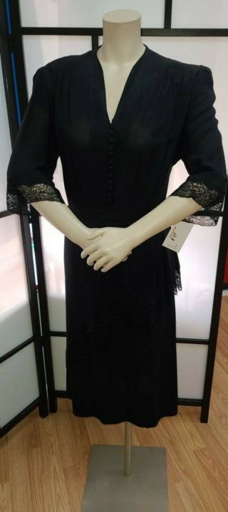 Vintage 1940s Black Rayon Crepe Peplum Dress Lace Trim Art Deco Film Noir L