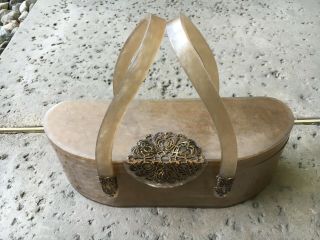 Vintage Lucite Purse - Poss.  Wilardy - Taupe - Mirror Inside