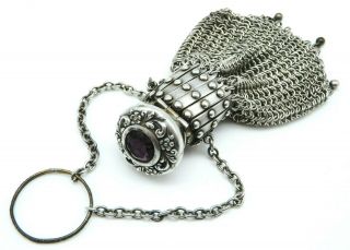 Antique Sterling Silver / Amethyst Chatelaine Mesh Misers Coin Purse Gate Top
