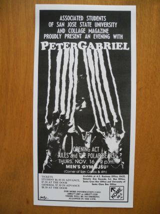 Peter Gabriel - 1978 Concert Poster At San Jose State Univ.  Ca (15 " X8 ") Rare