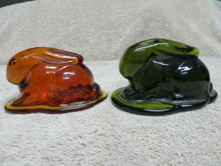 Vintage Viking Glass Bunny Figurines Amber & Avocado Paperweights