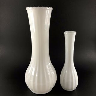 Vintage Milk Glass Vertical Ribbed Bud Vase And Large Tall Flower Vase Set Of 2
