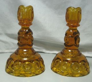 Vintage Le Smith Amber Moon & Stars Scalloped Edge Candlestick Holders Set Of 2