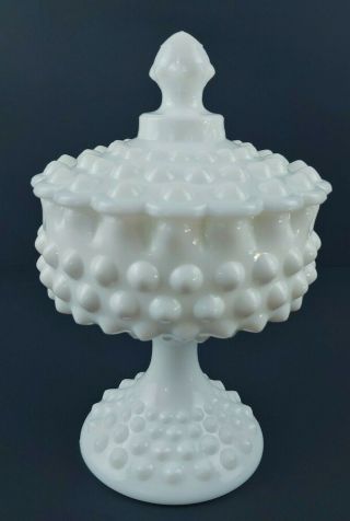 Vintage Fenton White Milk Glass Hobnail 8 1/2 " Footed Pedestal Lidded Candy Dish