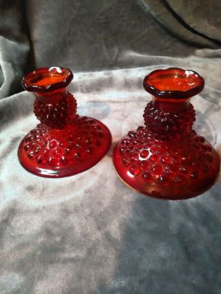 Fenton Art Glass Hobnail Candleholders In Colonial Ruby Red Vintage Euc 3.  5 "