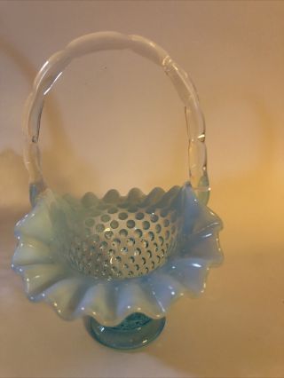 Vintage Fenton Turquoise Blue Opalescent Hobnail Ruffled Edge Bride ' s Basket 2