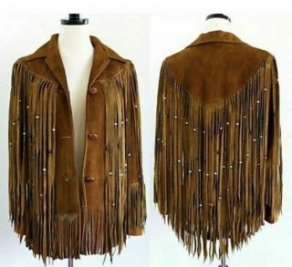 Womens Cowboy Jacket Brown Suede Leather Fringe Native American Western Wear