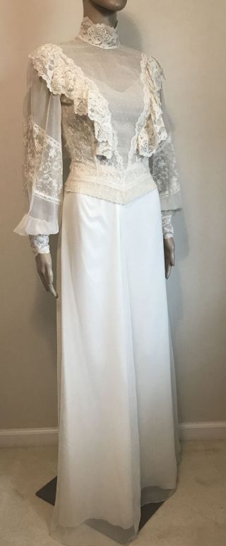 Vintage Victorian 2 Piece Wedding Dress White Lawn Lace High Collar Xs S