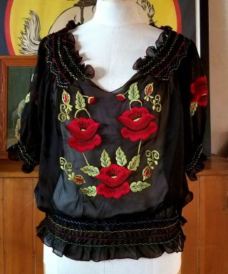 Vtg 1940s Black Sheer Rayon Embroidered Peasant Blouse Top.  Mexico.