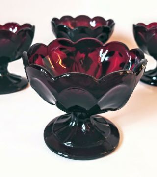 Set Of 4 Vtg Anchor Hocking Ruby Red Fairfield Footed Scalloped Dessert Cups