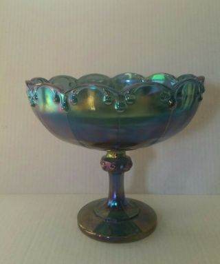 Indiana Blue Garland Carnival Glass Compote Large Fruit Pedestal Bowl Iridescent