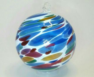 Hand Blown Art Glass Swirl Witch Ball Blue White 3.  5 "