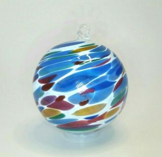 Hand Blown Art Glass Swirl Witch Ball Blue White 3.  5 