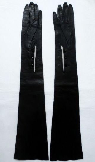 Elegant Size 7,  23 Inch Vintage Long Black Kidskin Opera Leather Gloves