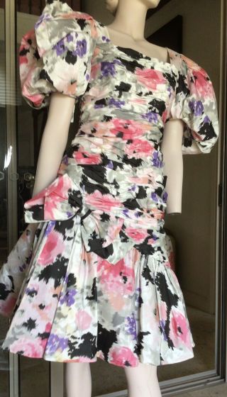 Vtg 80s Victor Costa Floral Over The Top Party Dress 8/10