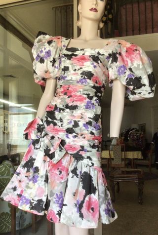 Vtg 80s Victor Costa Floral Over the Top Party Dress 8/10 2