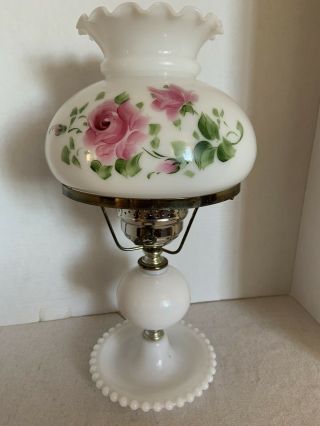 Vintage Milk Glass Lamp Hand Painted Shade With Pink Roses,  Hobnail Base,