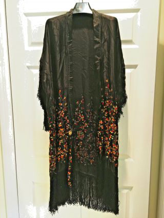 Fringed Vintage 1880 - 1890 Dressing Robe/black Silk Polychrome Floral Embroidery