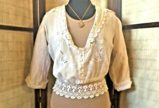 Antique Victorian Edwardian Sheer White Cotton Blouse Lacy 1880 Gibson Girl Look