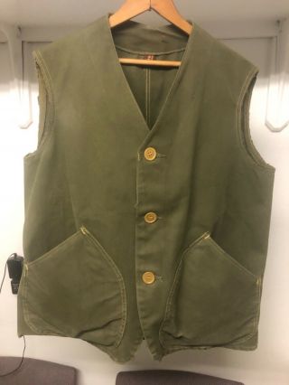 Vintage Hettrick Mfg Co Toledo Ohio Hunting Vest Button Front Green Canvas Sz 44