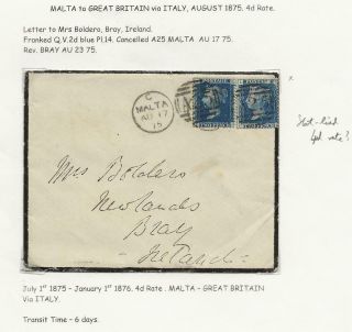 C1 Malta Gb In Aug 1875 To Bray Ireland 2 X Qv 2d Blue Pl.  14 A25 Cancel