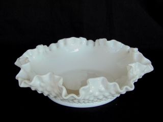 Fenton Hobnail White Milk Glass Round Bonbon Bowl,  Candy Dish - 8 " Large Ruffled