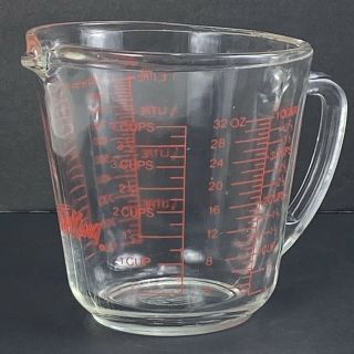 Vintage Fire King Clear Glass Anchor Hocking Measuring 4 Cup Usa Red Letters 499