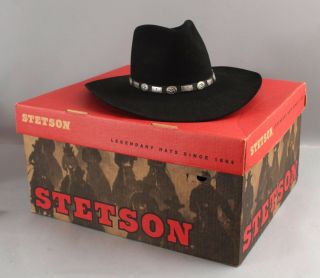 Vintage 4x John B Stetson Beaver Fur Felt Black Cowboy Hat & Band,  Box