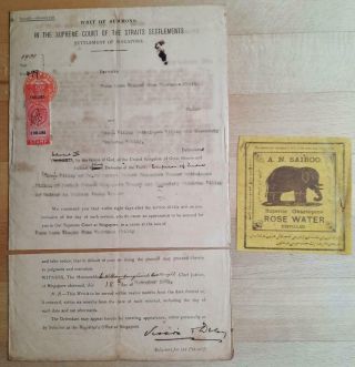Straits Settlements Document Singapore $3 Revenue 1901 Label Rose Water Saiboo