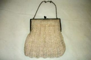 1920s French Knit Glass Bead Swag Draped Purse Silver Frame Art Deco France